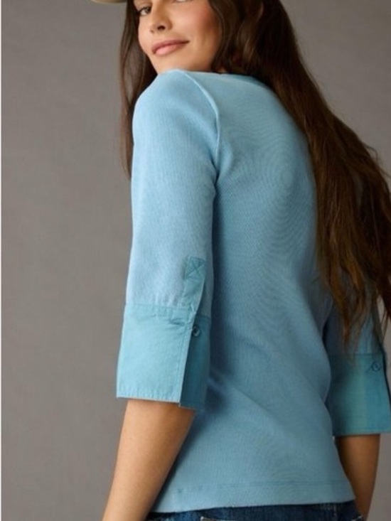 Maeve Anthropologie Light Blue Cuffed Popover 3/4 Sleeve Top | Size Medium - Picture 3 of 10